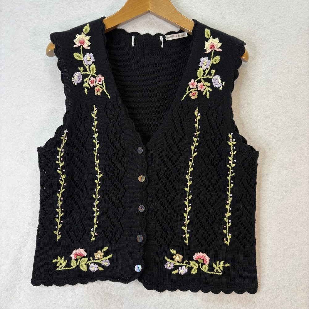 Hand Embroidered Floral Black Knit Vest Women L Cottagecore Grandma Boho Folk